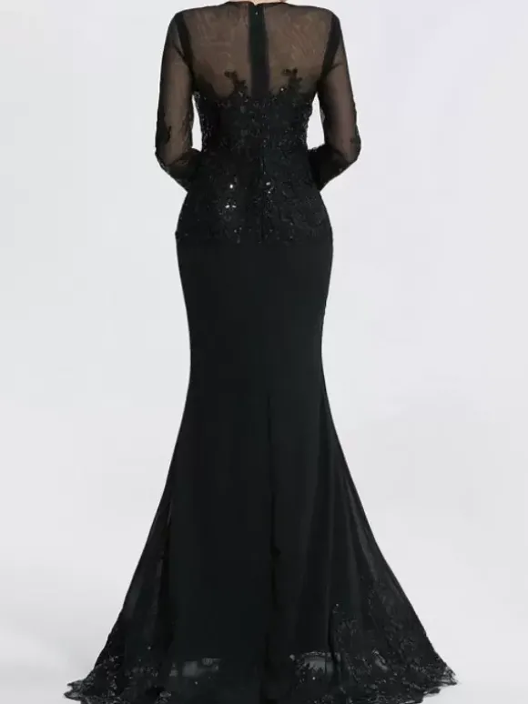 Robe de soirée sirène col en V traîne courte manches longues fermeture éclair appliques paillettes robes de soirée formelles