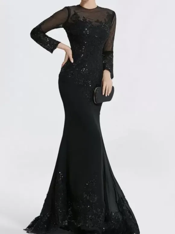 Robe de soirée sirène col en V traîne courte manches longues fermeture éclair appliques paillettes robes de soirée formelles