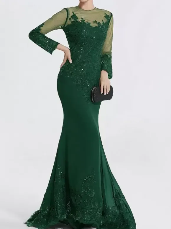 Robe de soirée sirène col en V traîne courte manches longues fermeture éclair appliques paillettes robes de soirée formelles