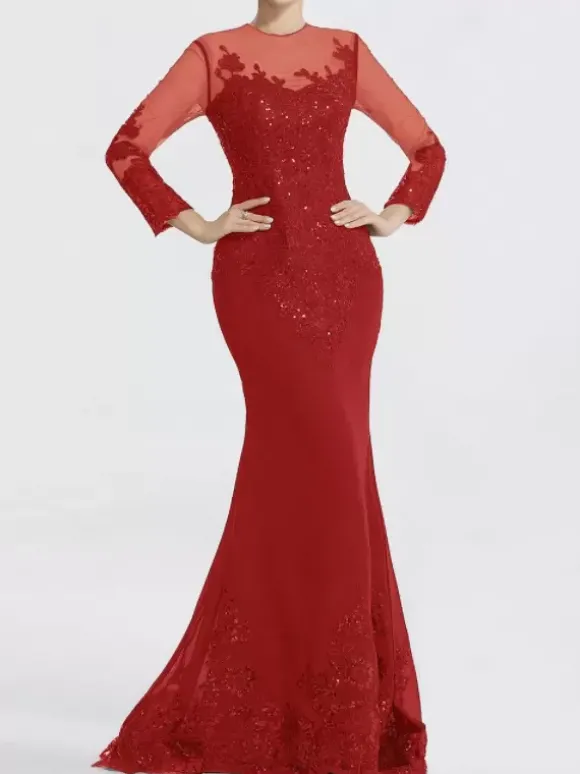 Robe de soirée sirène col en V traîne courte manches longues fermeture éclair appliques paillettes robes de soirée formelles