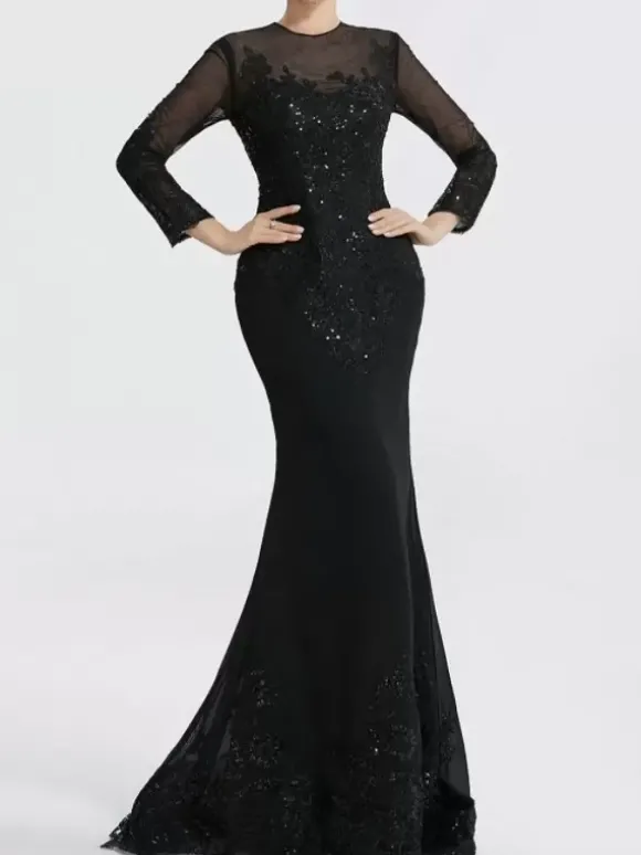 Robe de soirée sirène col en V traîne courte manches longues fermeture éclair appliques paillettes robes de soirée formelles
