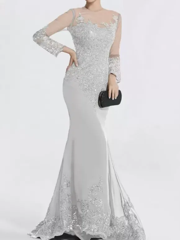 Robe de soirée sirène col en V traîne courte manches longues fermeture éclair appliques paillettes robes de soirée formelles
