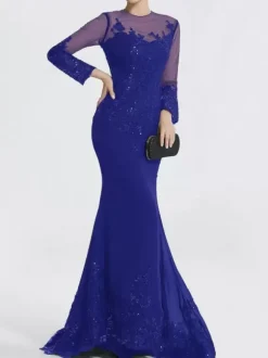 Robe de soirée sirène col en V traîne courte manches longues fermeture éclair appliques paillettes robes de soirée formelles
