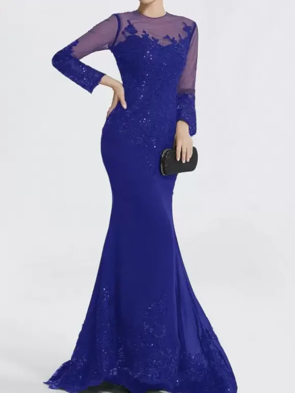 Robe de soirée sirène col en V traîne courte manches longues fermeture éclair appliques paillettes robes de soirée formelles