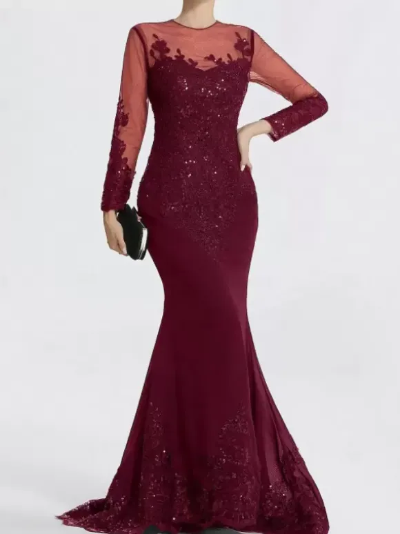 Robe de soirée sirène col en V traîne courte manches longues fermeture éclair appliques paillettes robes de soirée formelles