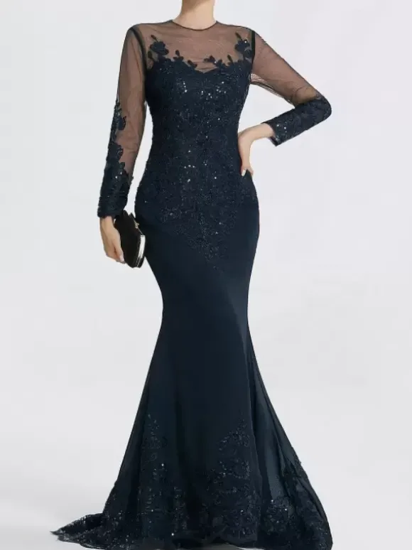 Robe de soirée sirène col en V traîne courte manches longues fermeture éclair appliques paillettes robes de soirée formelles