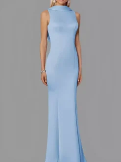 Robe de soirée sirène col haut crêpe extensible longueur au sol boutons robes de soirée formelles