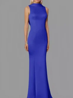 Robe de soirée sirène col haut crêpe extensible longueur au sol boutons robes de soirée formelles