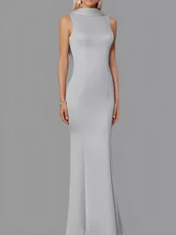 Robe de soirée sirène col haut crêpe extensible longueur au sol boutons robes de soirée formelles