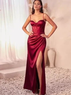 Robe de soirée sirène en tissu satiné col en c艙ur longueur au sol fendue sur le devant robes de dîner formelles