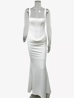 Robe de soirée sirène maxi moulante à col carré et dos lacé froncé pour femme 2026