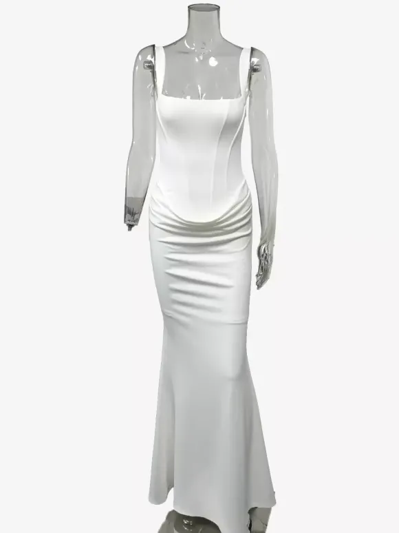 Robe de soirée sirène maxi moulante à col carré et dos lacé froncé pour femme 2026