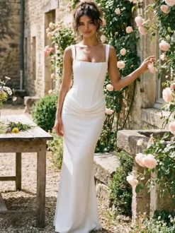 Robe de soirée sirène maxi moulante à col carré et dos lacé froncé pour femme 2026