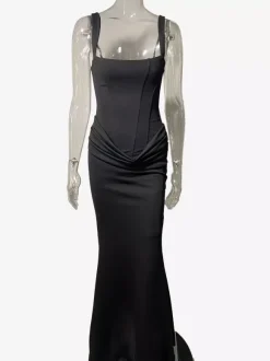 Robe de soirée sirène maxi moulante à col carré et dos lacé froncé pour femme 2026