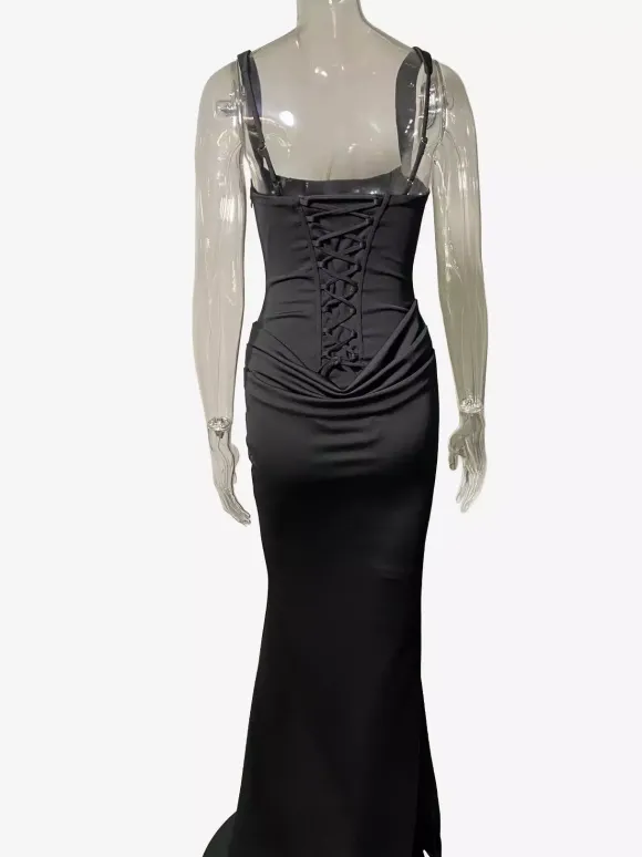 Robe de soirée sirène maxi moulante à col carré et dos lacé froncé pour femme 2026