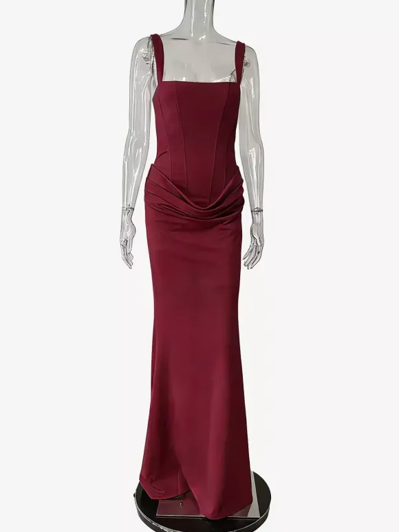 Robe de soirée sirène maxi moulante à col carré et dos lacé froncé pour femme 2026
