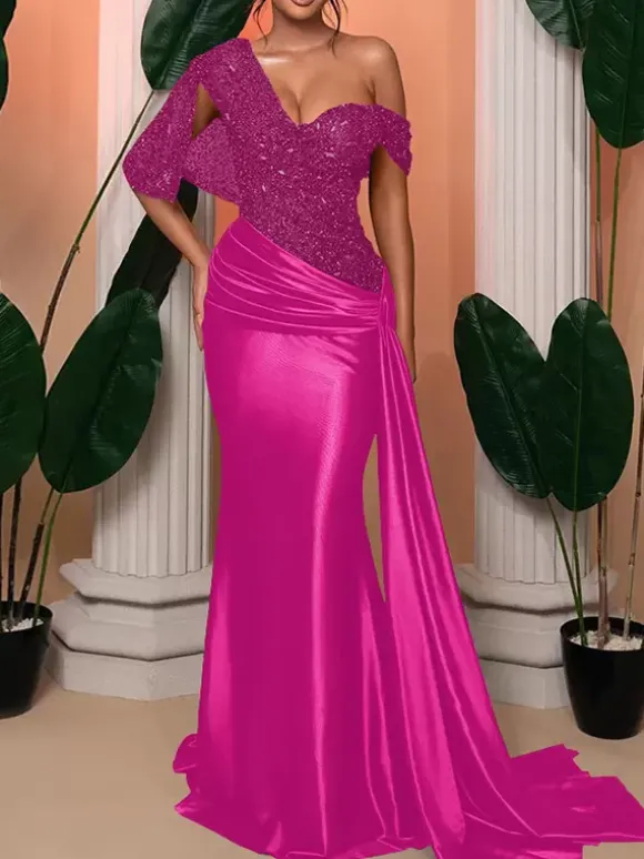 Robe de soirée sirène pailletes en satin à traîne