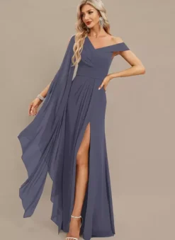 Robe de soirée trapèze asymétrique épaule dénudée longueur au sol manches courtes fermeture éclair plissée en mousseline de soie robes de soirée formelles