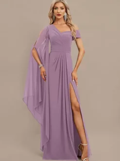 Robe de soirée trapèze asymétrique épaule dénudée longueur au sol manches courtes fermeture éclair plissée en mousseline de soie robes de soirée formelles
