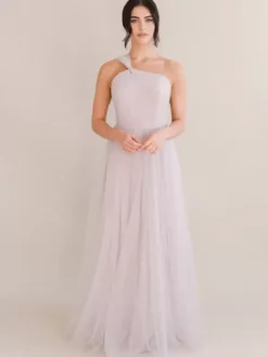 Robe de soirée trapèze asymétrique épaule dénudée avec traîne sans manches dos nu plissée en tulle robes de soirée sociale