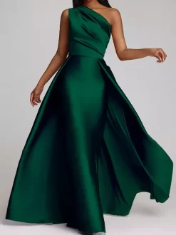 Robe de soirée trapèze asymétrique épaule dénudée tissu satiné longueur au sol robes de dîner formelles plissées