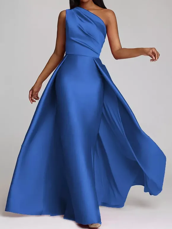 Robe de soirée trapèze asymétrique épaule dénudée tissu satiné longueur au sol robes de dîner formelles plissées