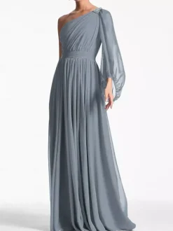 Robe de soirée trapèze asymétrique épaule dénudée longueur au sol manches longues dos nu plissée en mousseline de soie robes de soirée formelles
