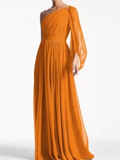 Robe de soirée trapèze asymétrique épaule dénudée longueur au sol manches longues dos nu plissée en mousseline de soie robes de soirée formelles