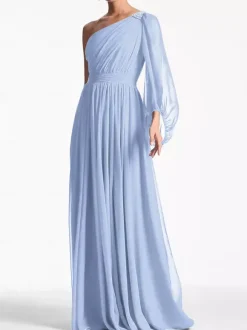 Robe de soirée trapèze asymétrique épaule dénudée longueur au sol manches longues dos nu plissée en mousseline de soie robes de soirée formelles