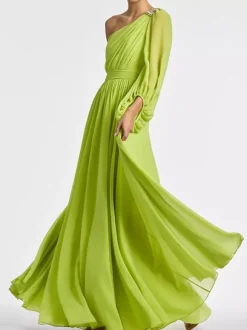 Robe de soirée trapèze asymétrique épaule dénudée longueur au sol manches longues dos nu plissée en mousseline de soie robes de soirée formelles