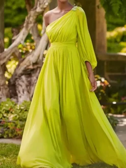 Robe de soirée trapèze asymétrique épaule dénudée longueur au sol manches longues dos nu plissée en mousseline de soie robes de soirée formelles