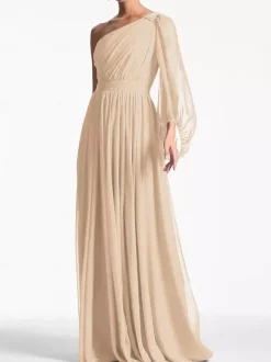 Robe de soirée trapèze asymétrique épaule dénudée longueur au sol manches longues dos nu plissée en mousseline de soie robes de soirée formelles