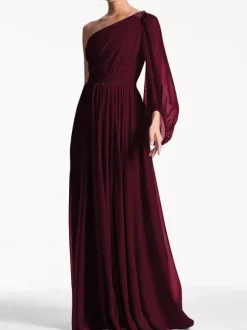 Robe de soirée trapèze asymétrique épaule dénudée longueur au sol manches longues dos nu plissée en mousseline de soie robes de soirée formelles