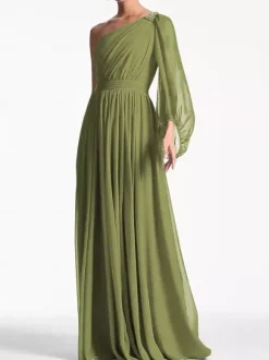 Robe de soirée trapèze asymétrique épaule dénudée longueur au sol manches longues dos nu plissée en mousseline de soie robes de soirée formelles