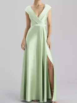 Robe de soirée trapèze col en v longueur au sol sans manches fermeture éclair ceinture tissu satiné robes de soirée formelles