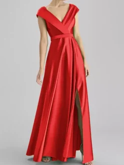 Robe de soirée trapèze col en v longueur au sol sans manches fermeture éclair ceinture tissu satiné robes de soirée formelles
