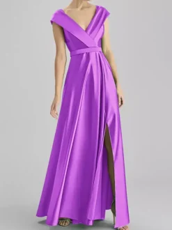 Robe de soirée trapèze col en v longueur au sol sans manches fermeture éclair ceinture tissu satiné robes de soirée formelles