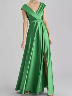 Robe de soirée trapèze col en v longueur au sol sans manches fermeture éclair ceinture tissu satiné robes de soirée formelles