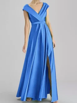 Robe de soirée trapèze col en v longueur au sol sans manches fermeture éclair ceinture tissu satiné robes de soirée formelles