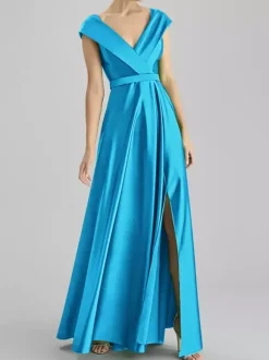 Robe de soirée trapèze col en v longueur au sol sans manches fermeture éclair ceinture tissu satiné robes de soirée formelles