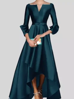 Robe de soirée trapèze col en v manches 3/4 fermeture éclair tissu satiné plissé robes de concours sociaux