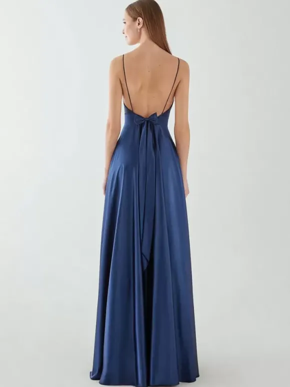 Robe de soirée trapèze col en V sans manches dos nu n艙uds longueur au sol robe de dîner formelle