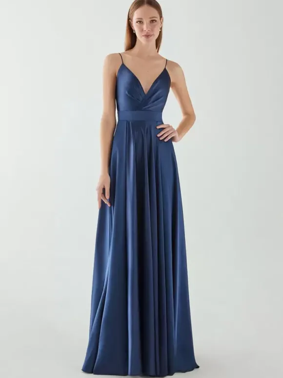 Robe de soirée trapèze col en V sans manches dos nu n艙uds longueur au sol robe de dîner formelle