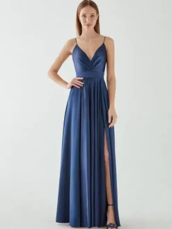 Robe de soirée trapèze col en V sans manches dos nu n艙uds longueur au sol robe de dîner formelle