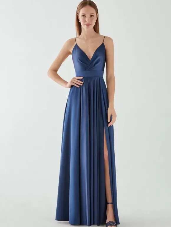 Robe de soirée trapèze col en V sans manches dos nu n艙uds longueur au sol robe de dîner formelle