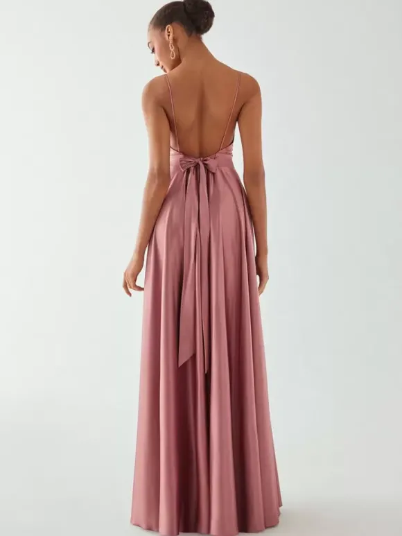 Robe de soirée trapèze col en V sans manches dos nu n艙uds longueur au sol robe de dîner formelle