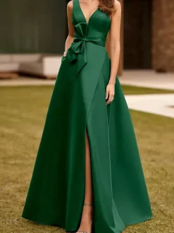 Robe de soirée trapèze col en V tissu satiné longueur au sol n艙uds robes de dîner formelles