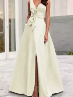 Robe de soirée trapèze col en V tissu satiné longueur au sol n艙uds robes de dîner formelles