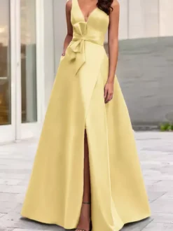 Robe de soirée trapèze col en V tissu satiné longueur au sol n艙uds robes de dîner formelles
