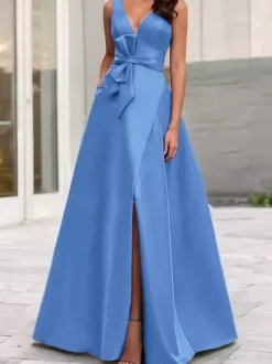 Robe de soirée trapèze col en V tissu satiné longueur au sol n艙uds robes de dîner formelles